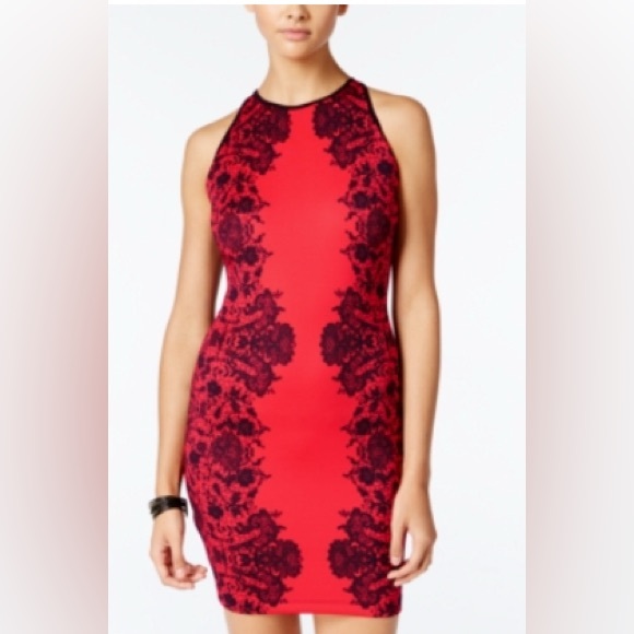 B Darlin Dresses & Skirts - B. Darlin Red & Black Floral Printed Design Sleeveless Halter Neck BodyCon Dress